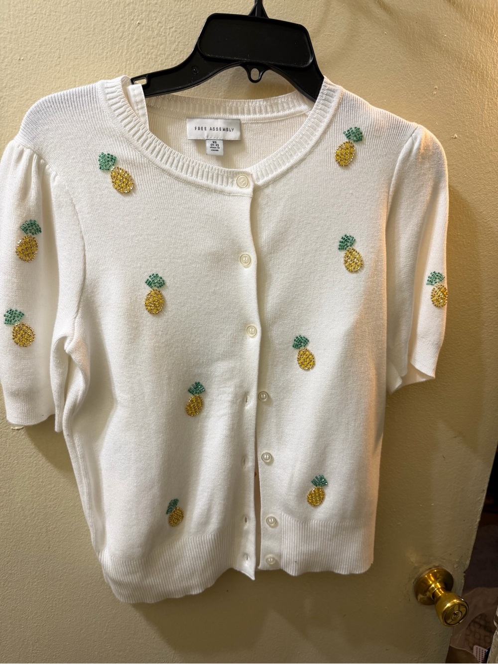 Free Assembly White Pineapple Embroidered Button Cardigan